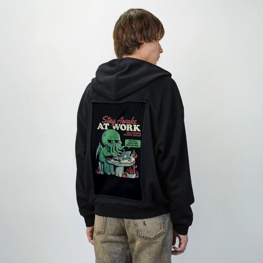 stayawakeatwork patch on male essential zip hoodie in after hours