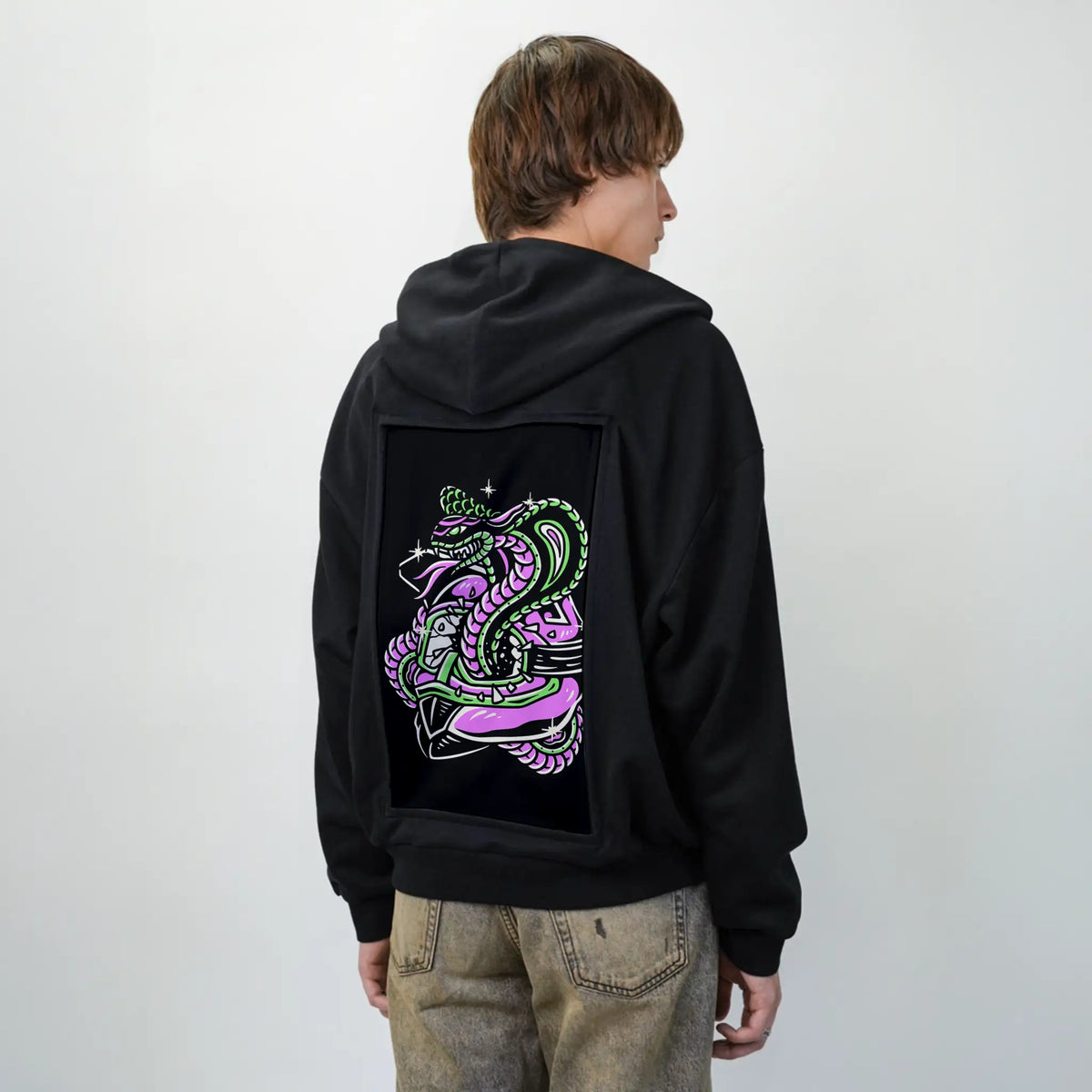 stayhard patch on male essential zip hoodie in after hours