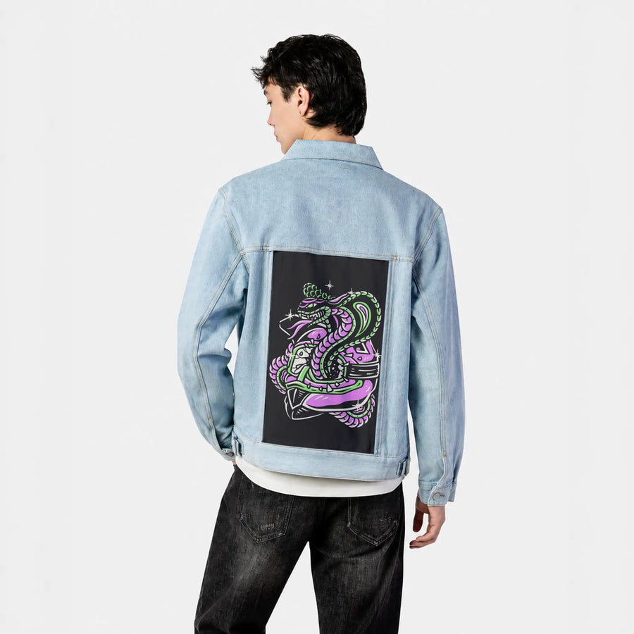 stayhard patch on male og denim jacket in oceanside