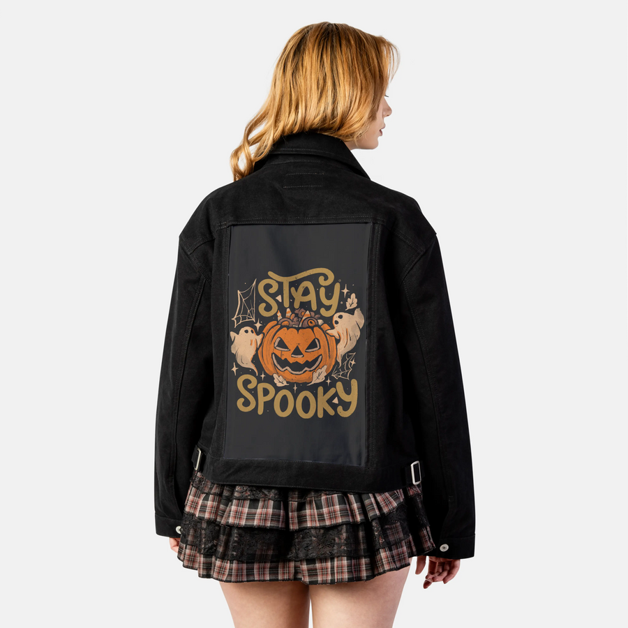 stayspooky patch on female atelier canvas jacket in nightfall