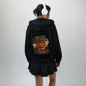 stayspooky patch on female essential zip hoodie in after hours