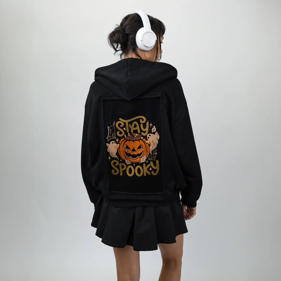 stayspooky patch on female essential zip hoodie in after hours