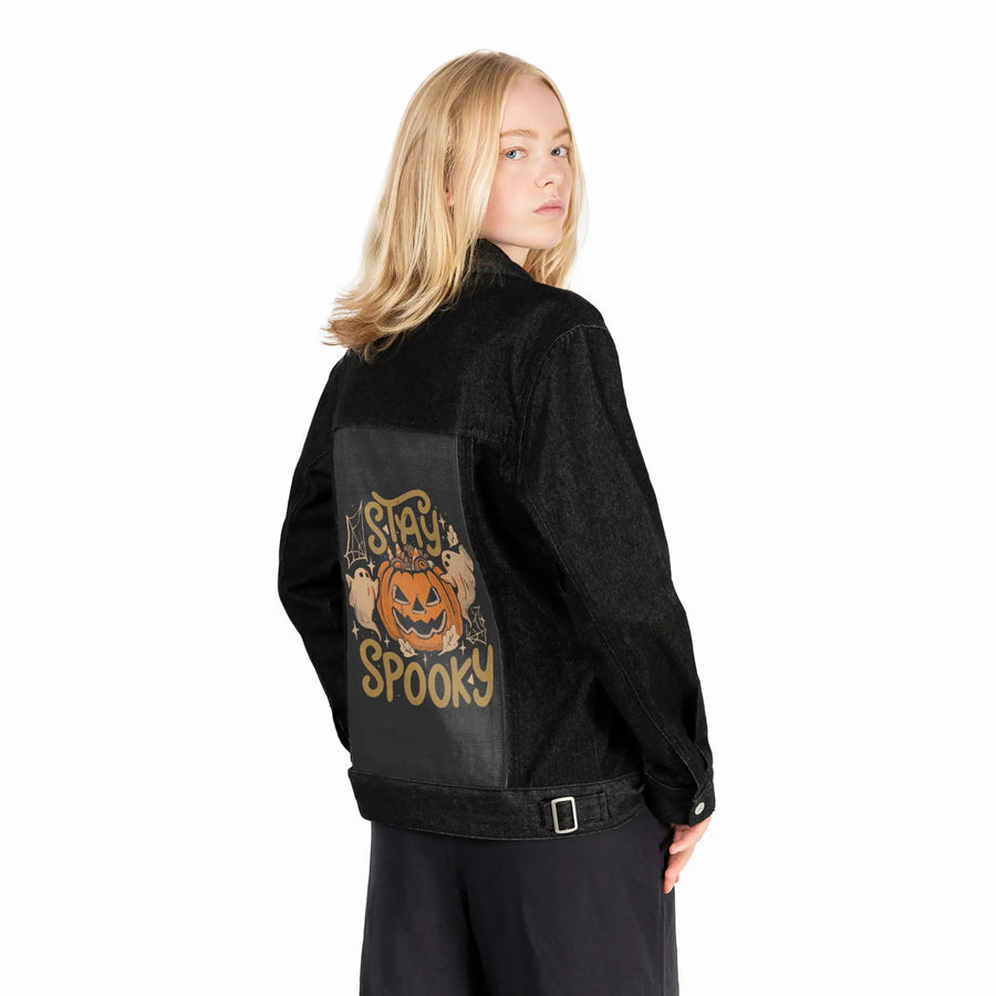 stayspooky patch on female og denim jacket in raven