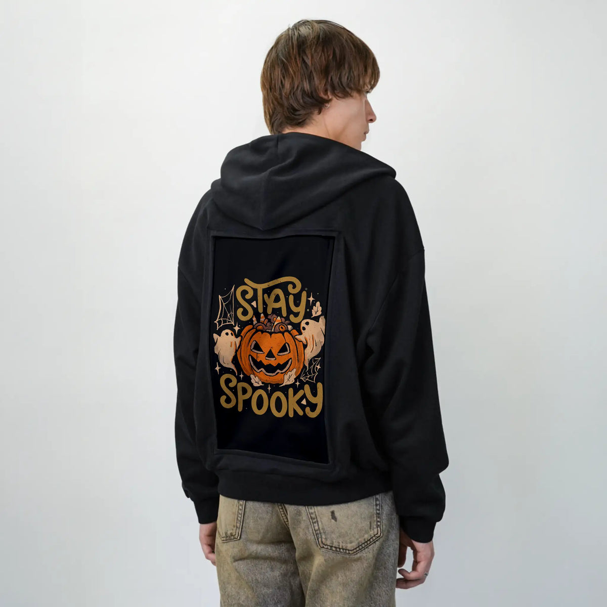 stayspooky patch on male essential zip hoodie in after hours