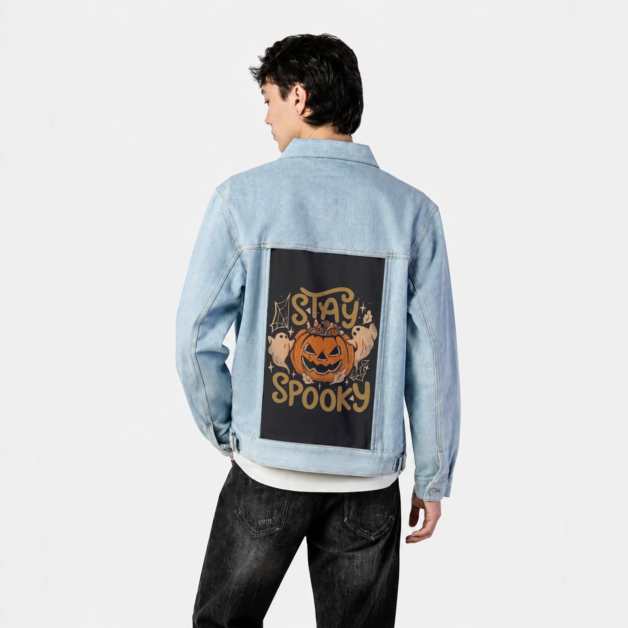 stayspooky patch on male og denim jacket in oceanside