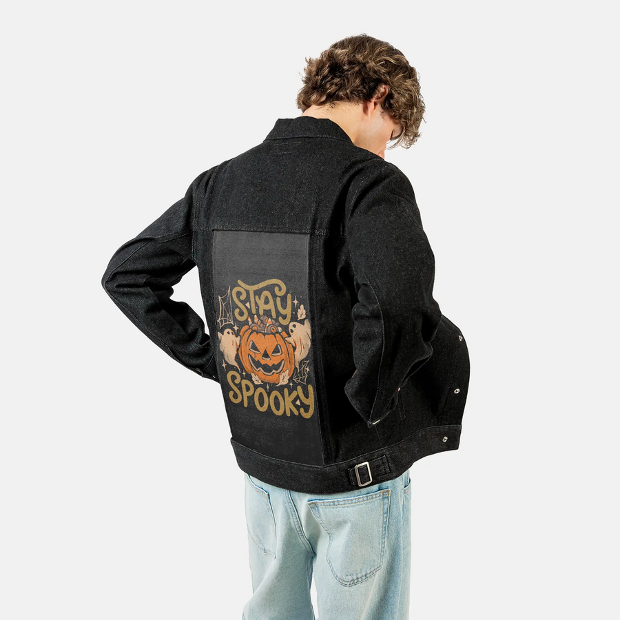stayspooky patch on male og denim jacket in raven