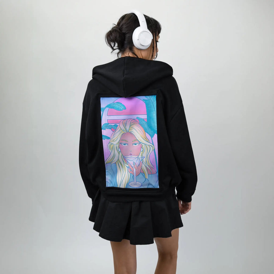 staytonight patch on female essential zip hoodie in after hours