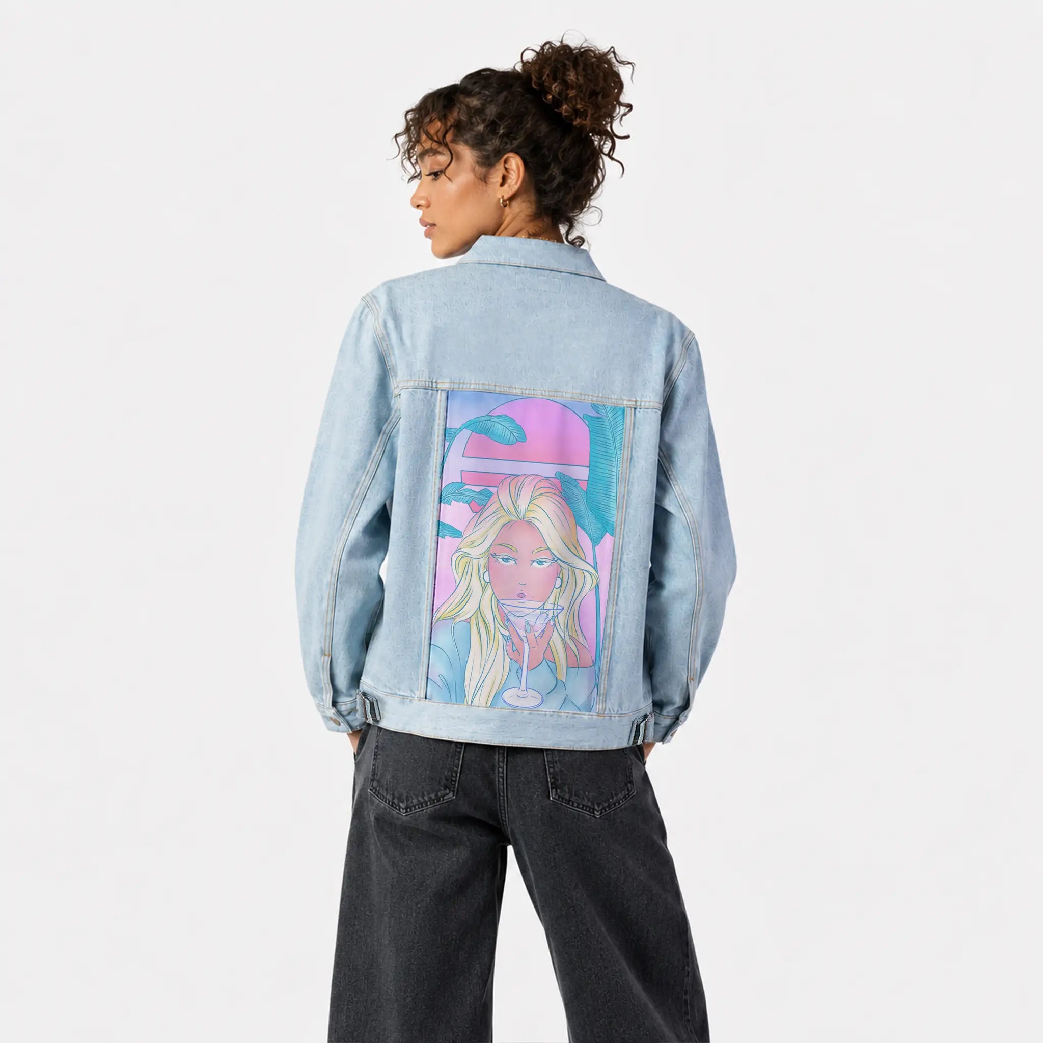 staytonight patch on female og denim jacket in oceanside