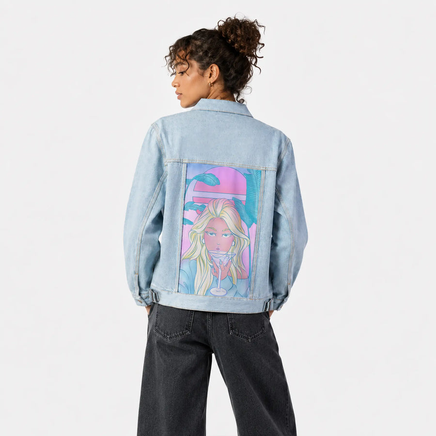 staytonight patch on female og denim jacket in oceanside