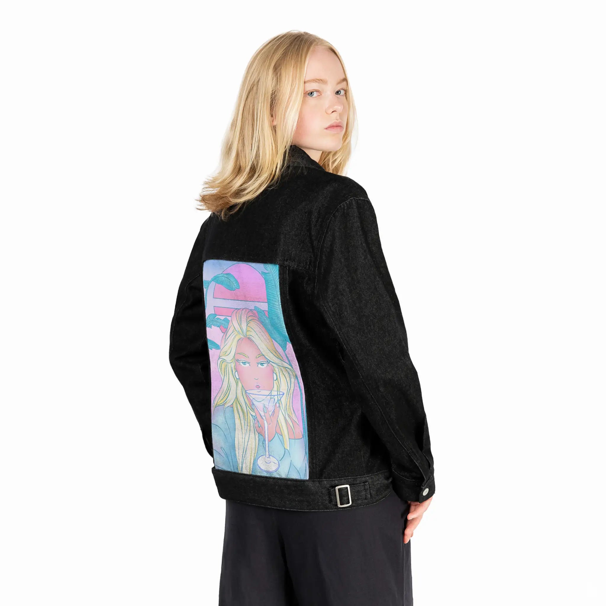 staytonight patch on female og denim jacket in raven
