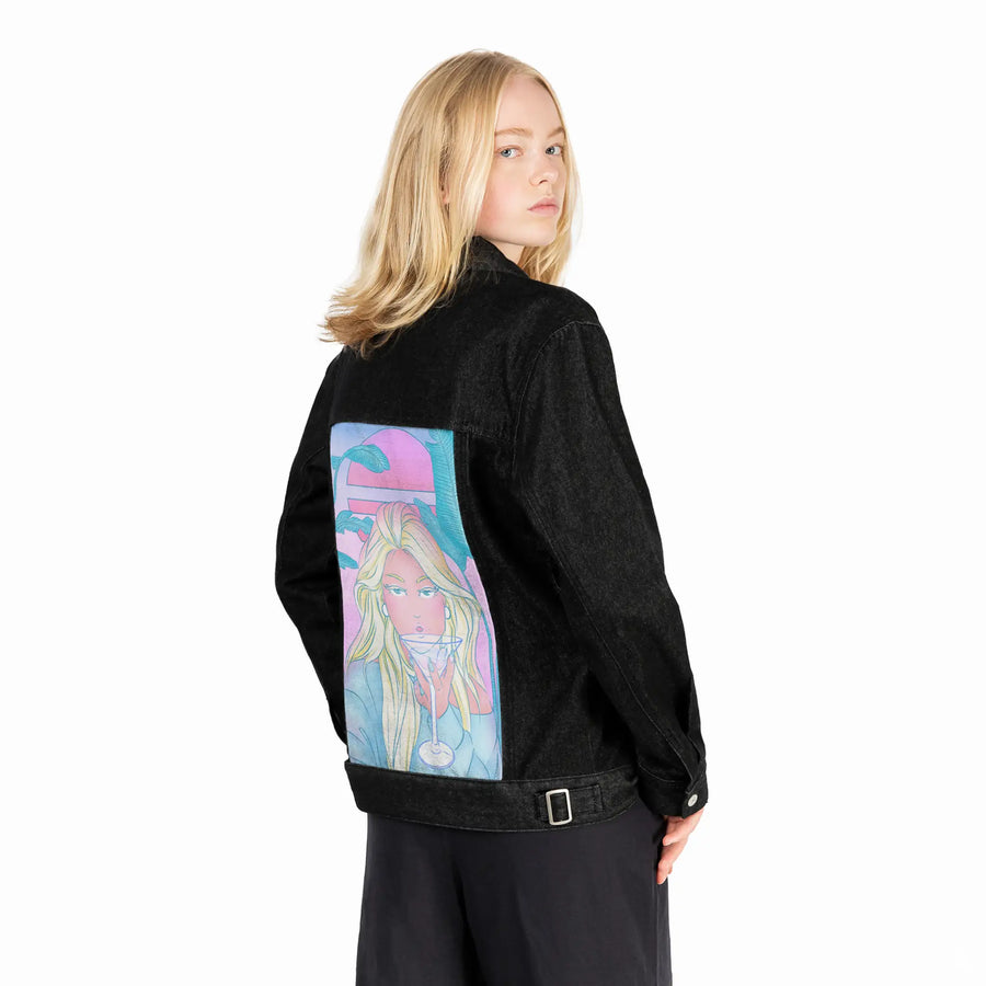 staytonight patch on female og denim jacket in raven