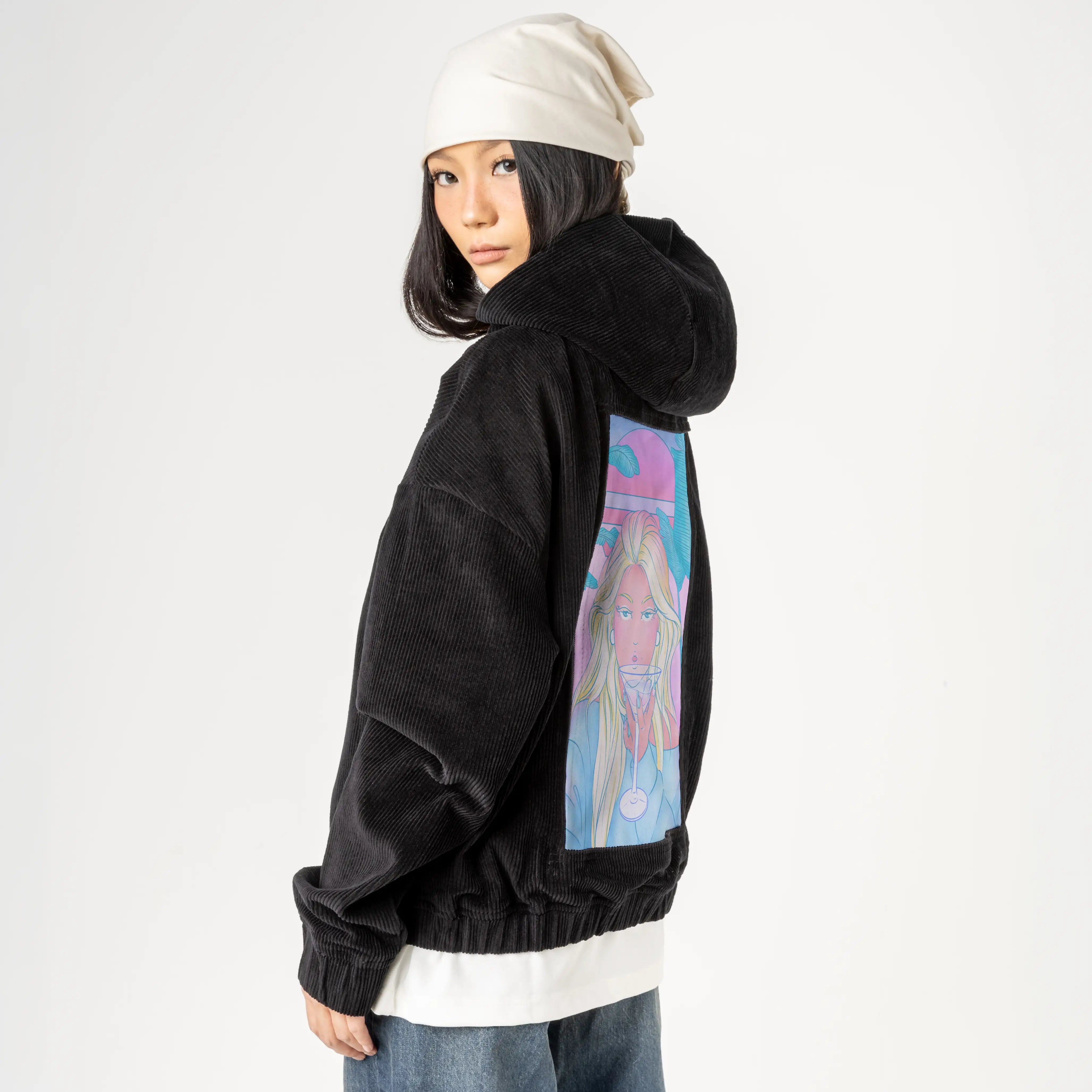 staytonight patch on female retro cord hoodie in onyx