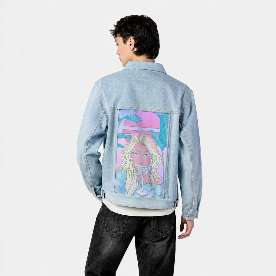 staytonight patch on male og denim jacket in oceanside