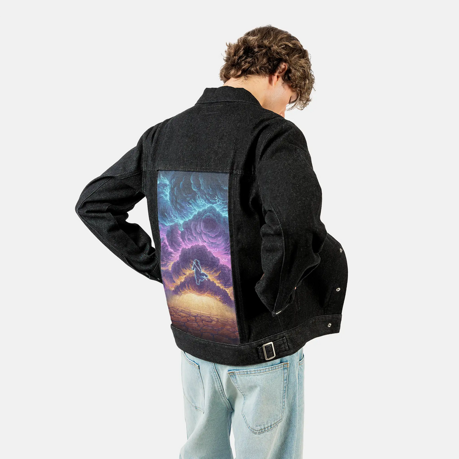 stormblessed patch on male og denim jacket in raven