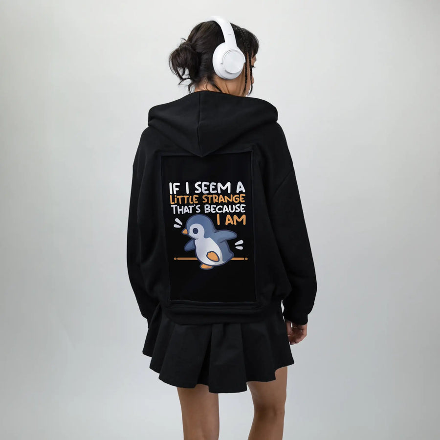 strangepenguin patch on female essential zip hoodie in after hours