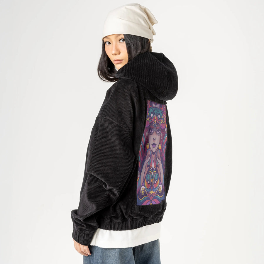 succubus patch on female retro cord hoodie in onyx