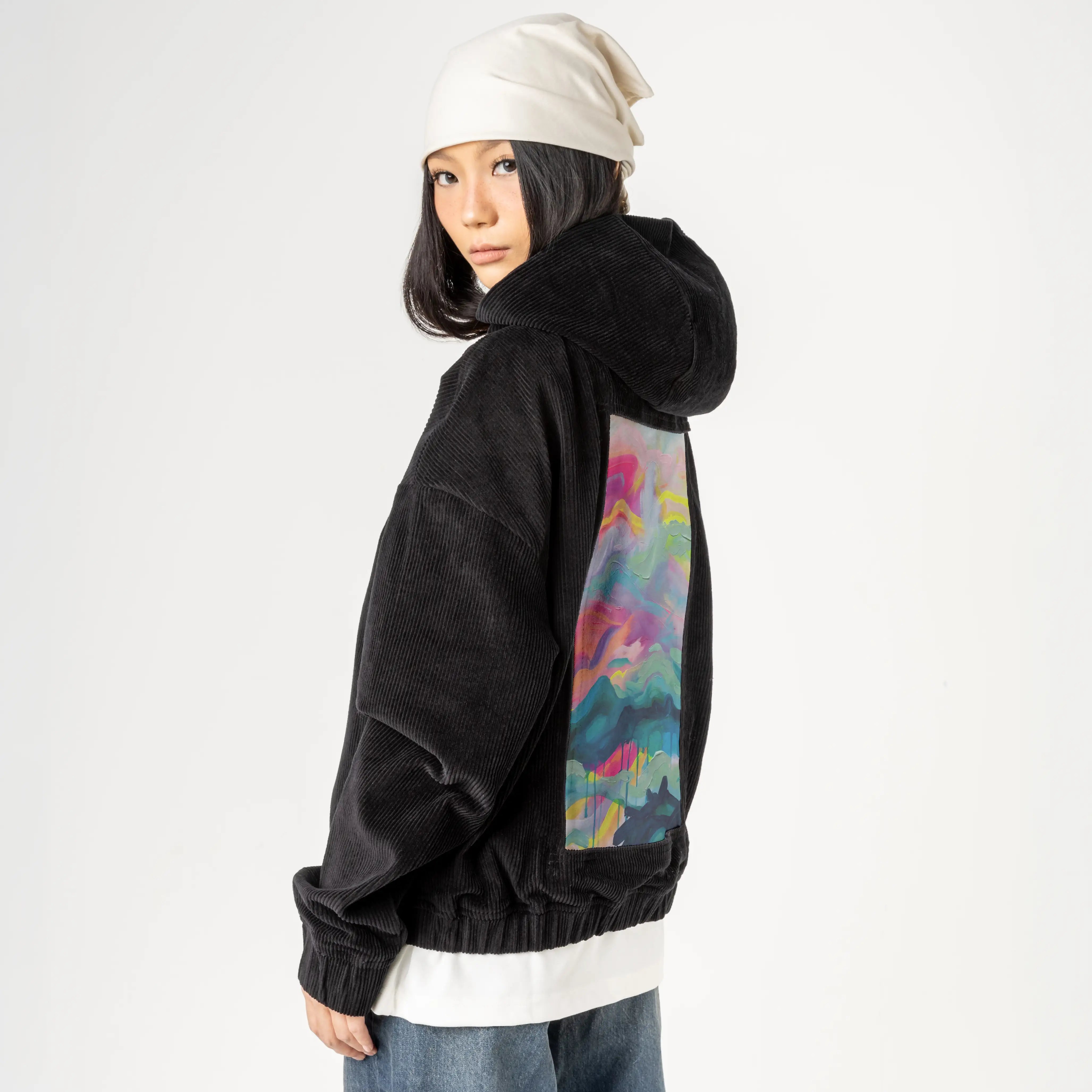 sugarcoated patch on female retro cord hoodie in onyx