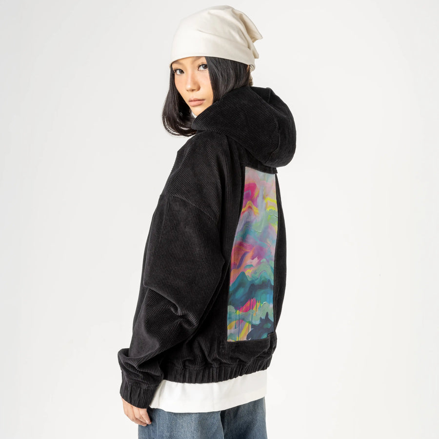 sugarcoated patch on female retro cord hoodie in onyx