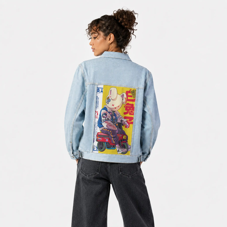 sugarrush patch on female og denim jacket in oceanside