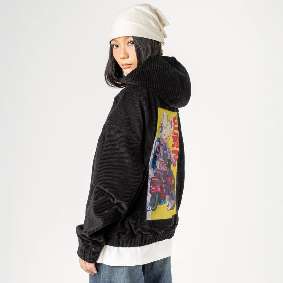 sugarrush patch on female retro cord hoodie in onyx