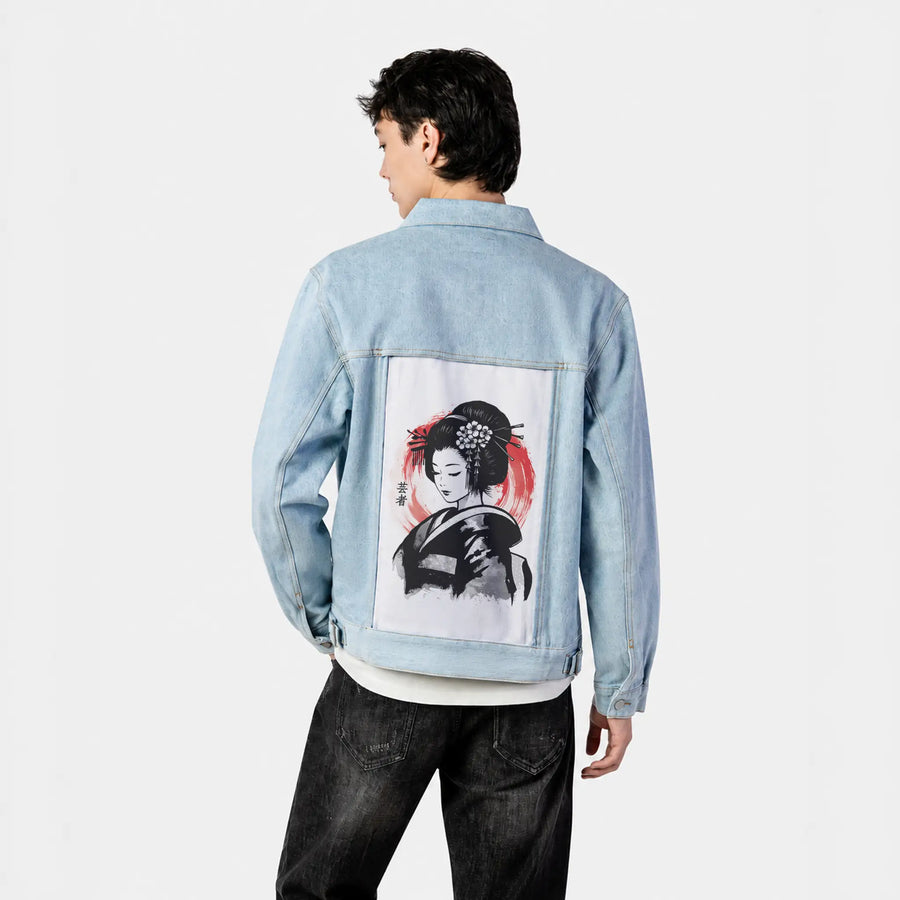 sumiegeisha patch on male og denim jacket in oceanside