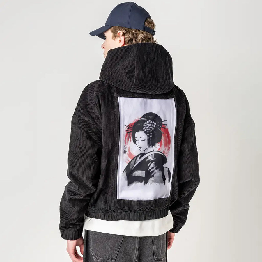 sumiegeisha patch on male retro cord hoodie in onyx
