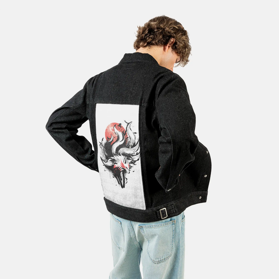 sumiekitsune patch on male og denim jacket in raven