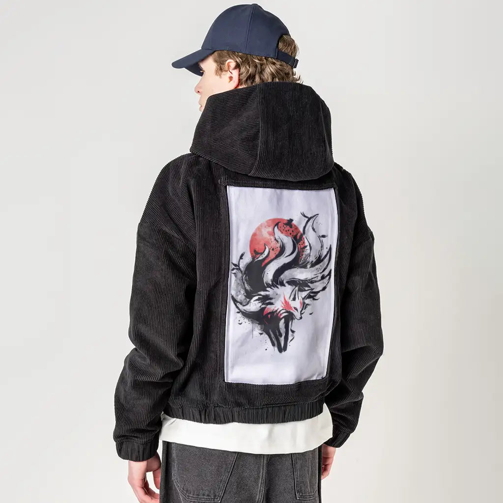 sumiekitsune patch on male retro cord hoodie in onyx