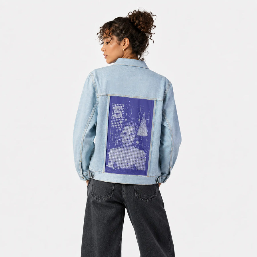 summerview patch on female og denim jacket in oceanside