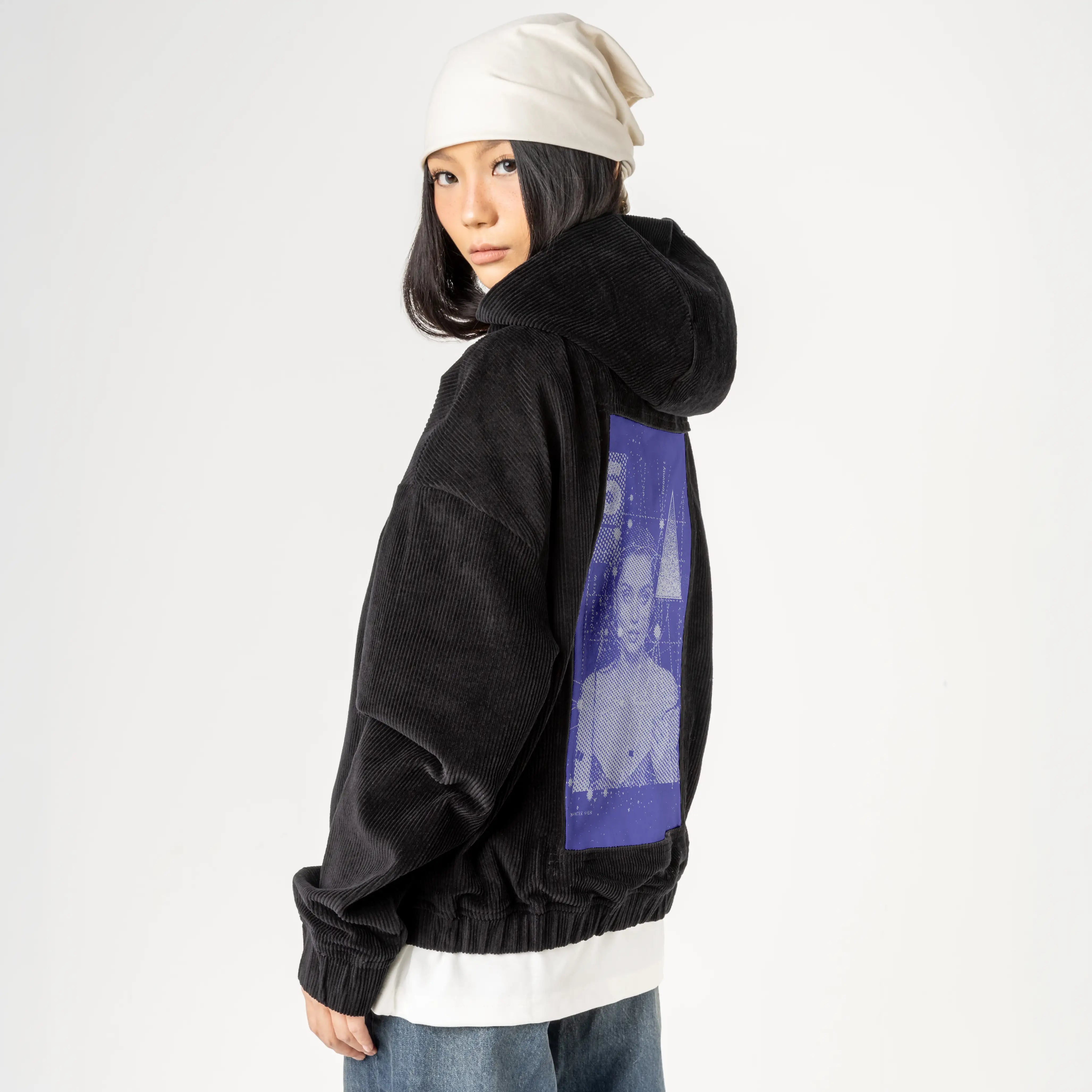summerview patch on female retro cord hoodie in onyx