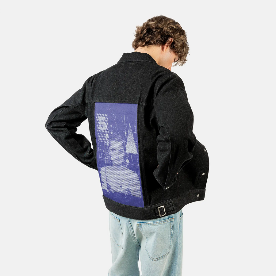 summerview patch on male og denim jacket in raven