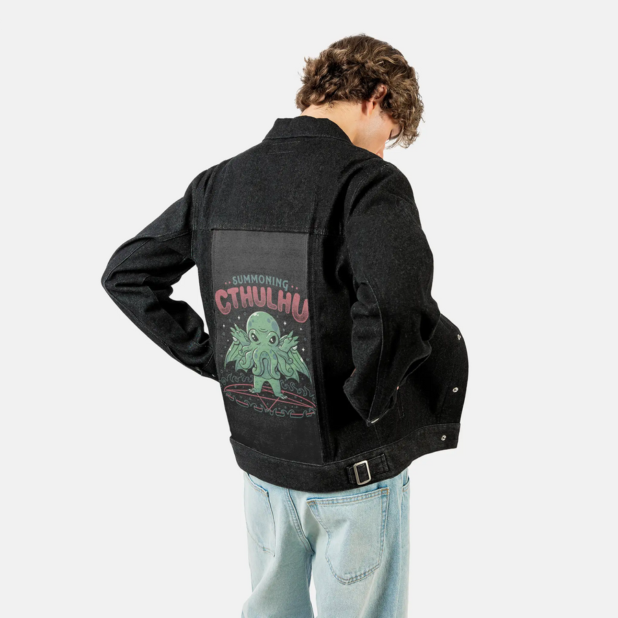 summoningcthulhu patch on male og denim jacket in raven