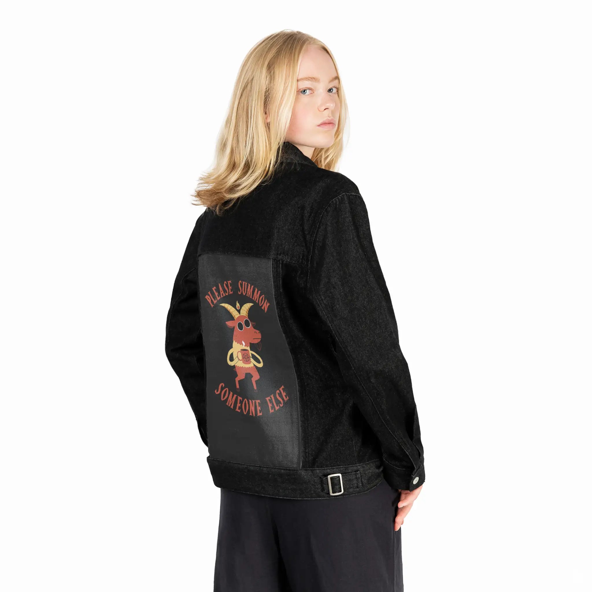 summonsomeoneelse patch on female og denim jacket in raven