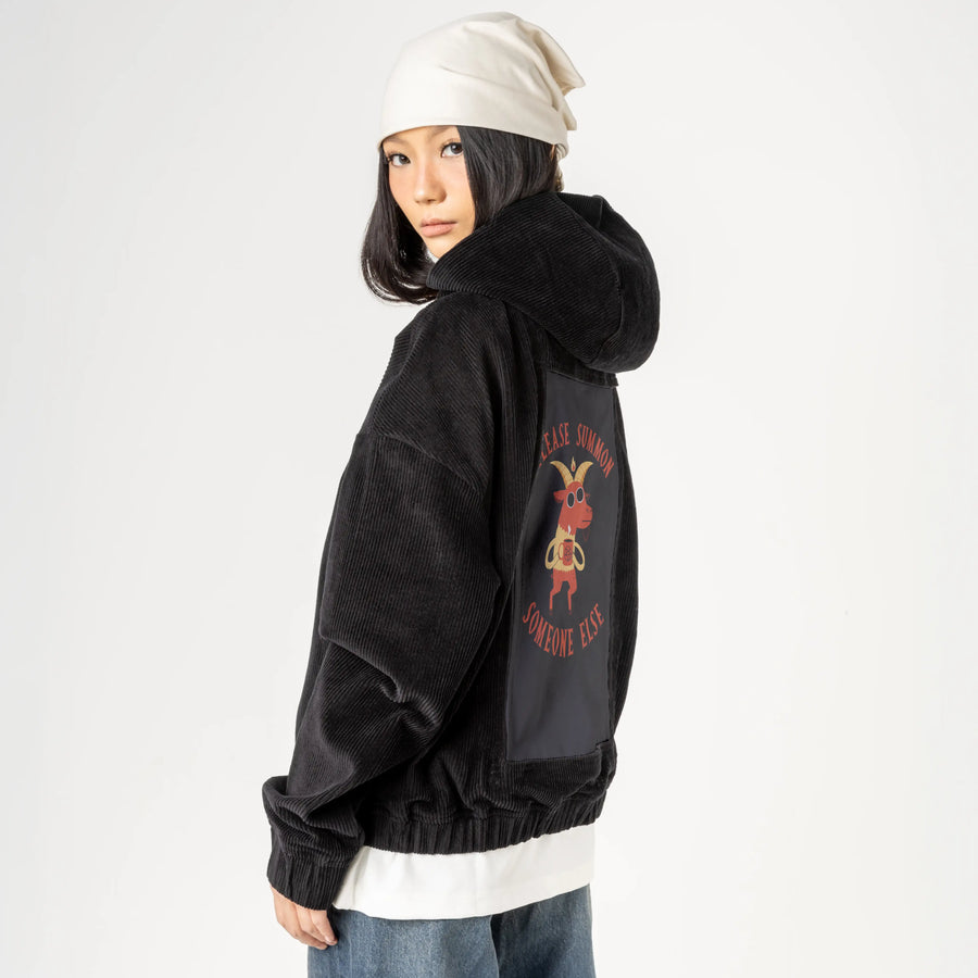 summonsomeoneelse patch on female retro cord hoodie in onyx