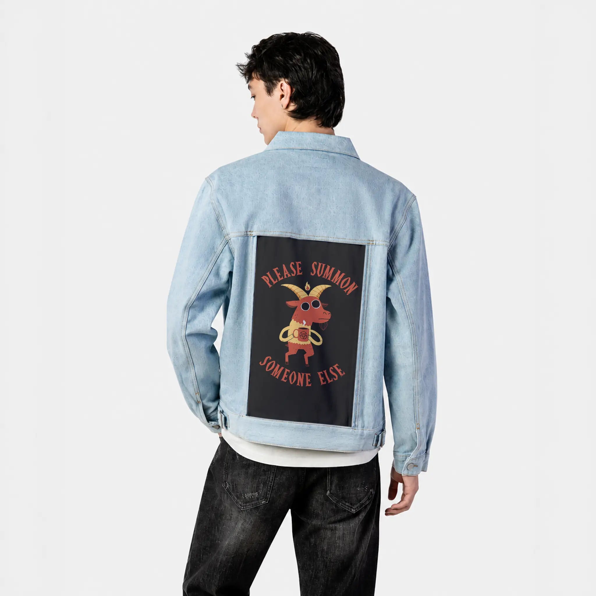 summonsomeoneelse patch on male og denim jacket in oceanside