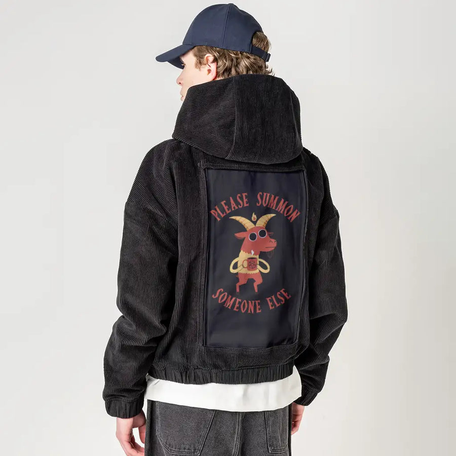 summonsomeoneelse patch on male retro cord hoodie in onyx