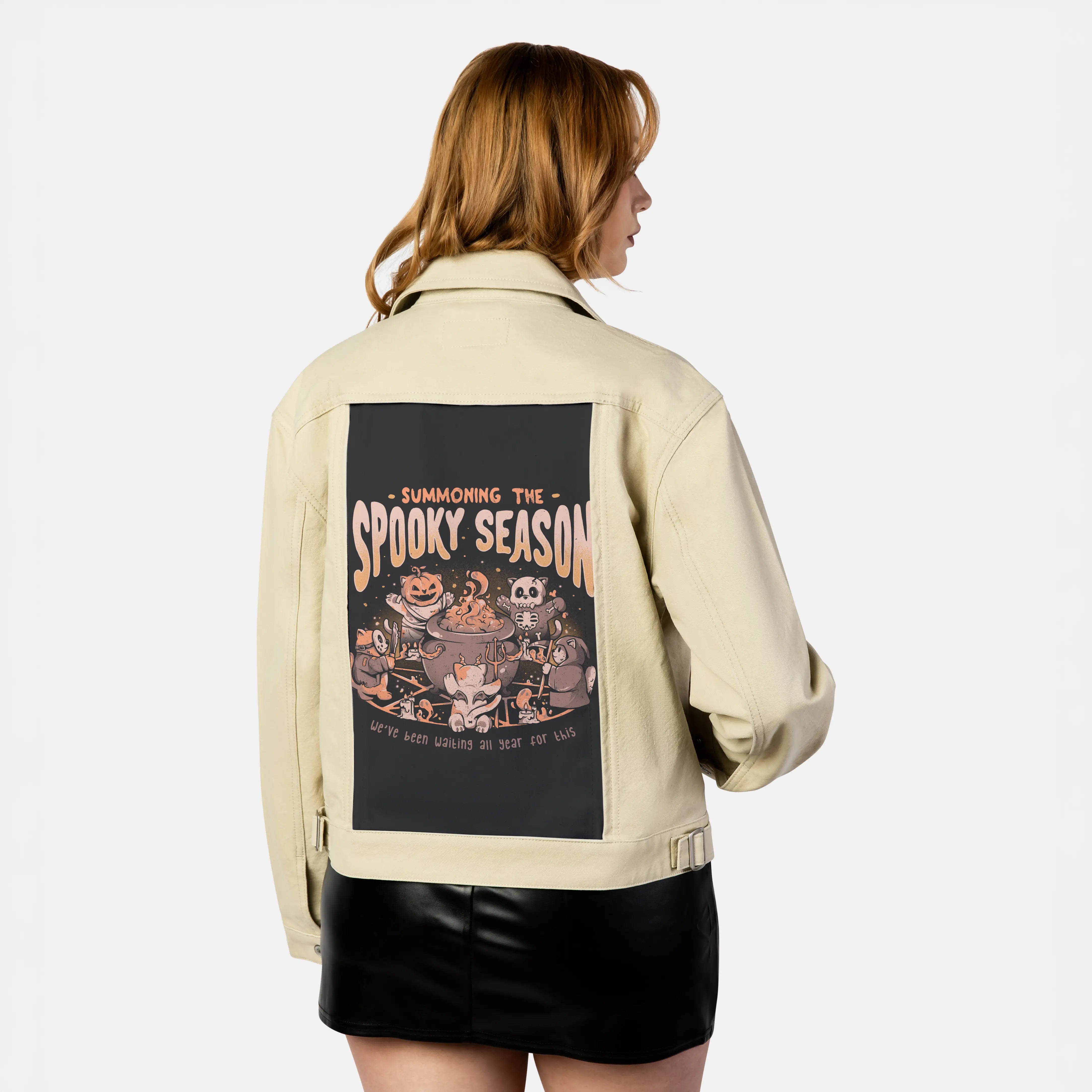 summonspookyseason patch on female atelier canvas jacket in tan