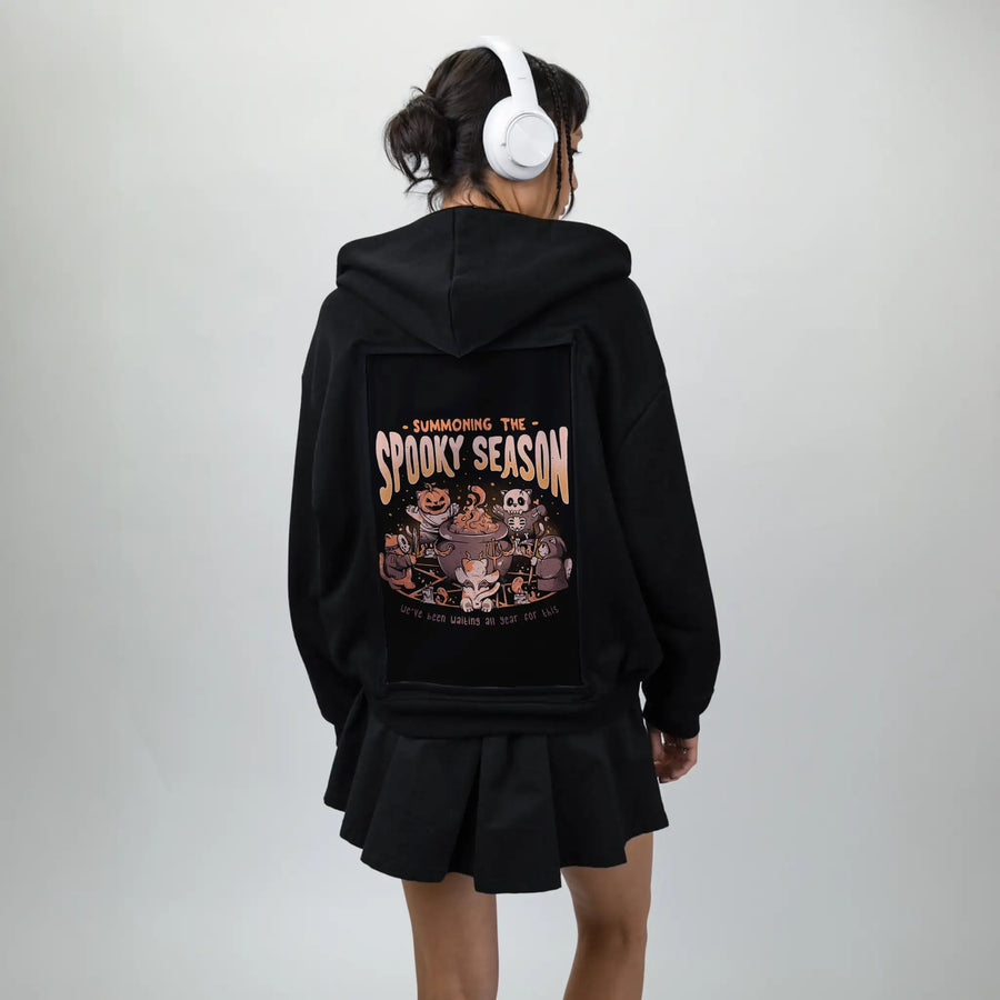 summonspookyseason patch on female essential zip hoodie in after hours