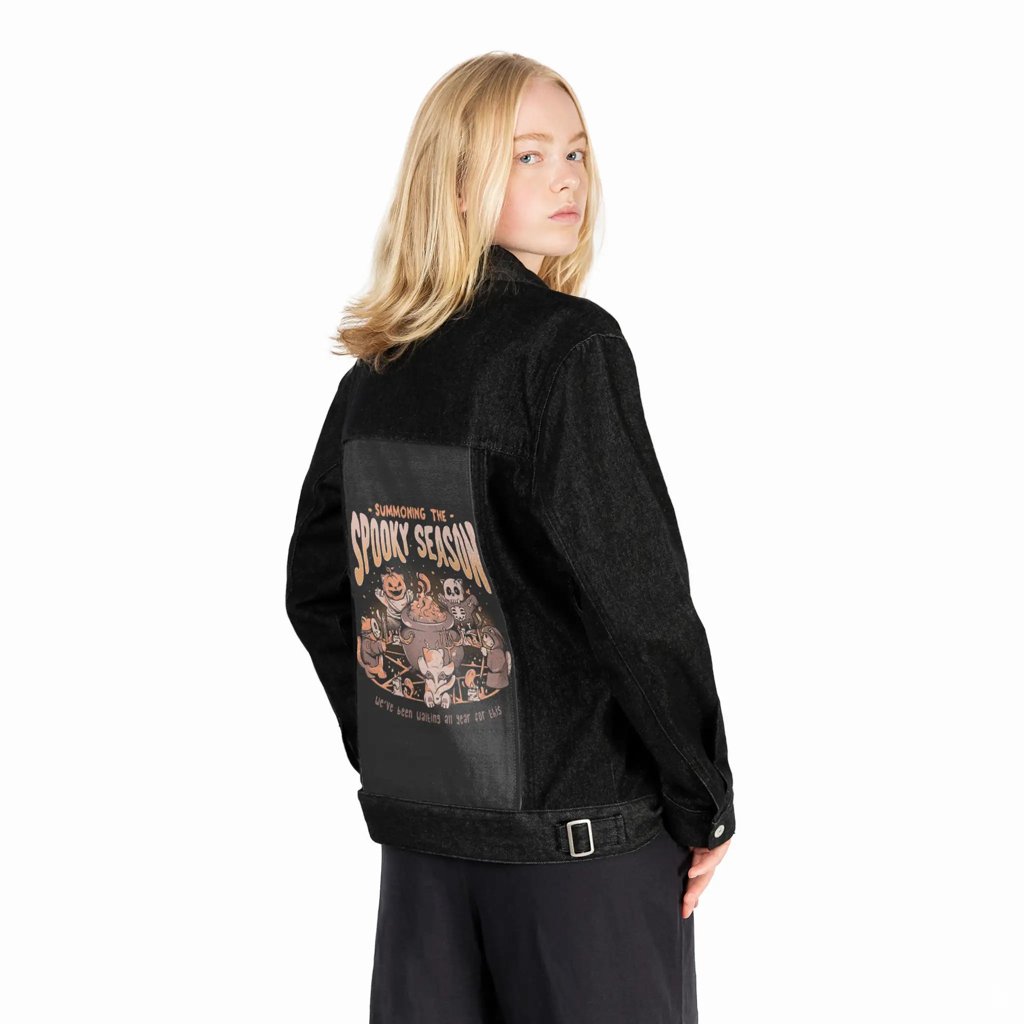 summonspookyseason patch on female og denim jacket in raven