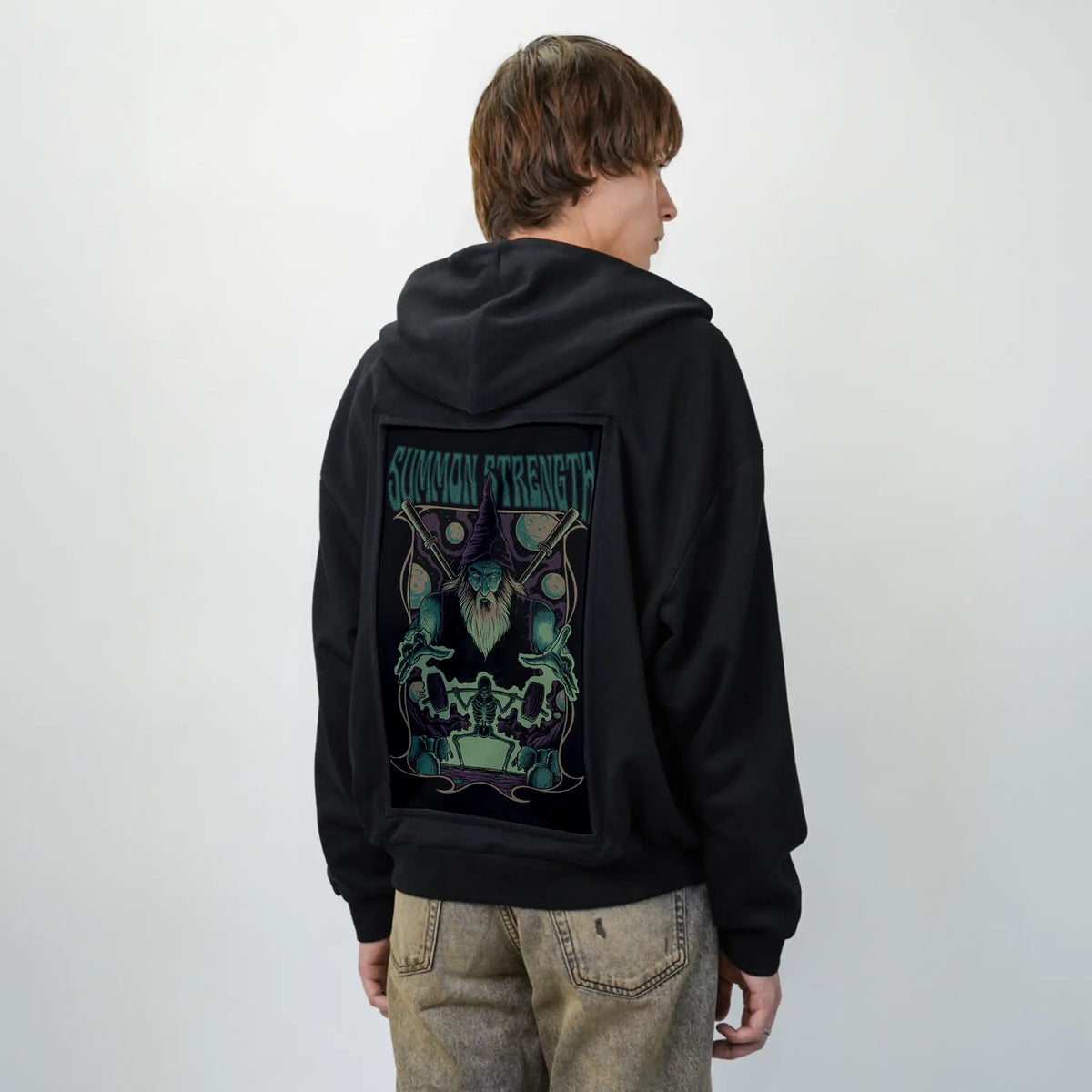 summonstrength patch on male essential zip hoodie in after hours