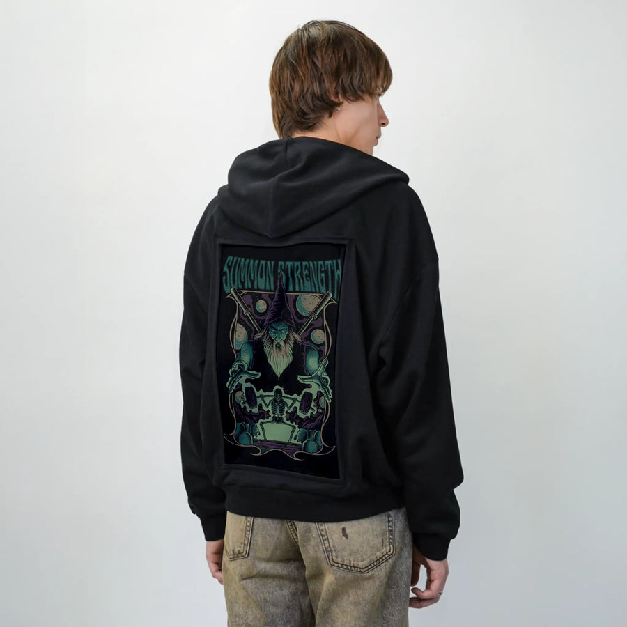 summonstrength patch on male essential zip hoodie in after hours