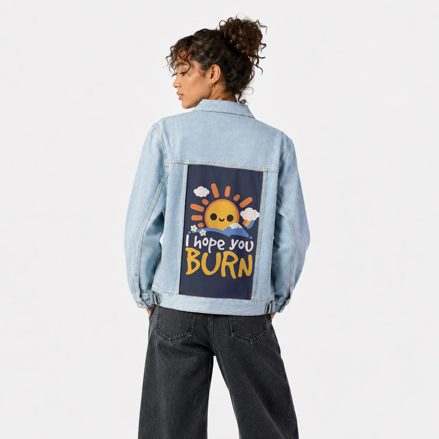 sunray patch on female og denim jacket in oceanside