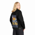 sunray patch on female og denim jacket in raven