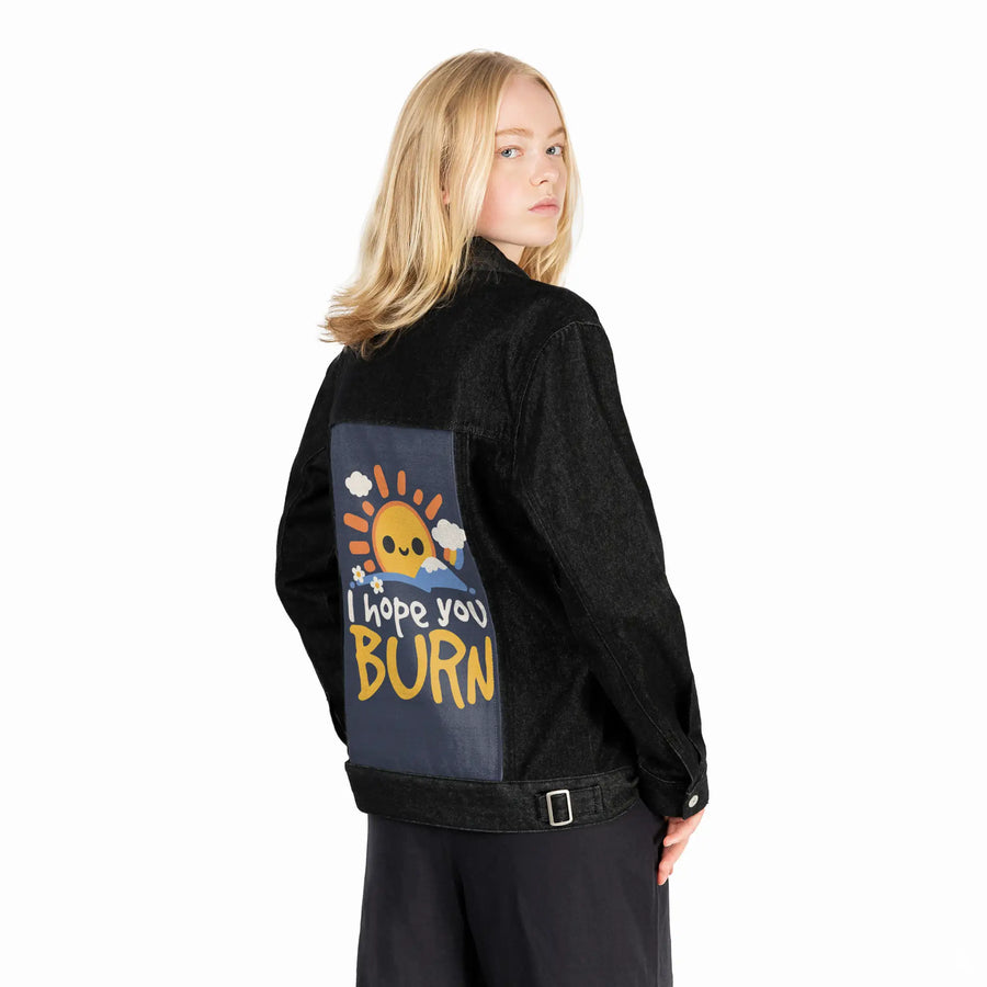 sunray patch on female og denim jacket in raven