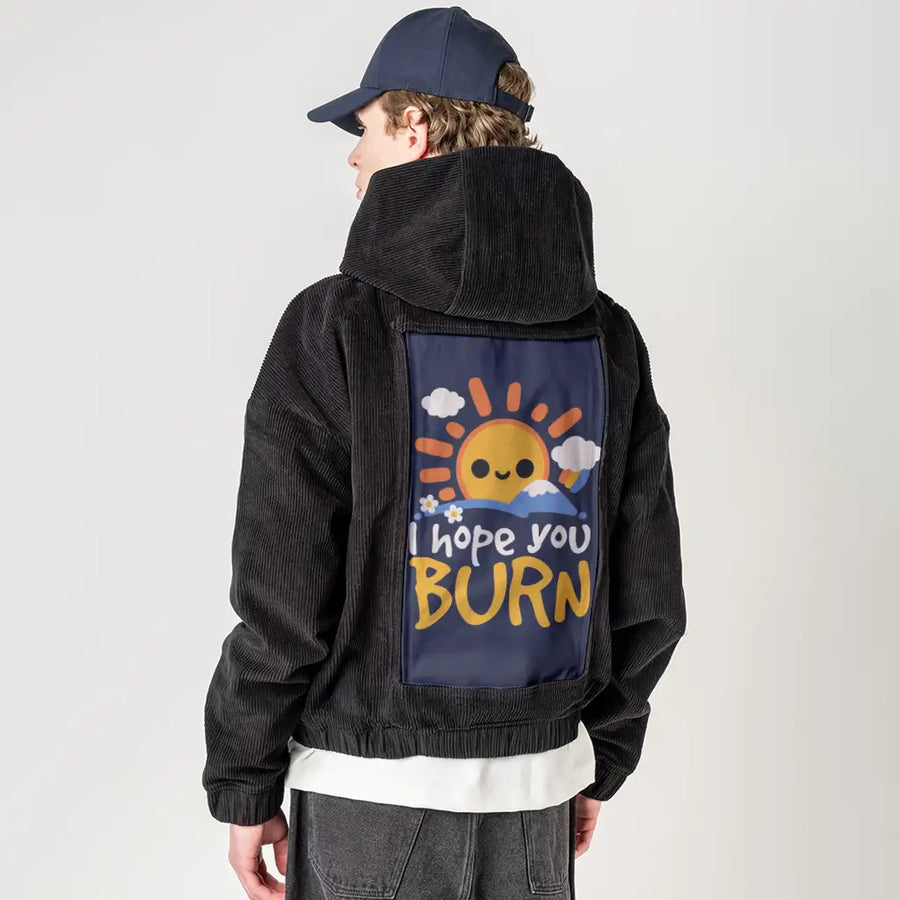 sunray patch on male retro cord hoodie in onyx