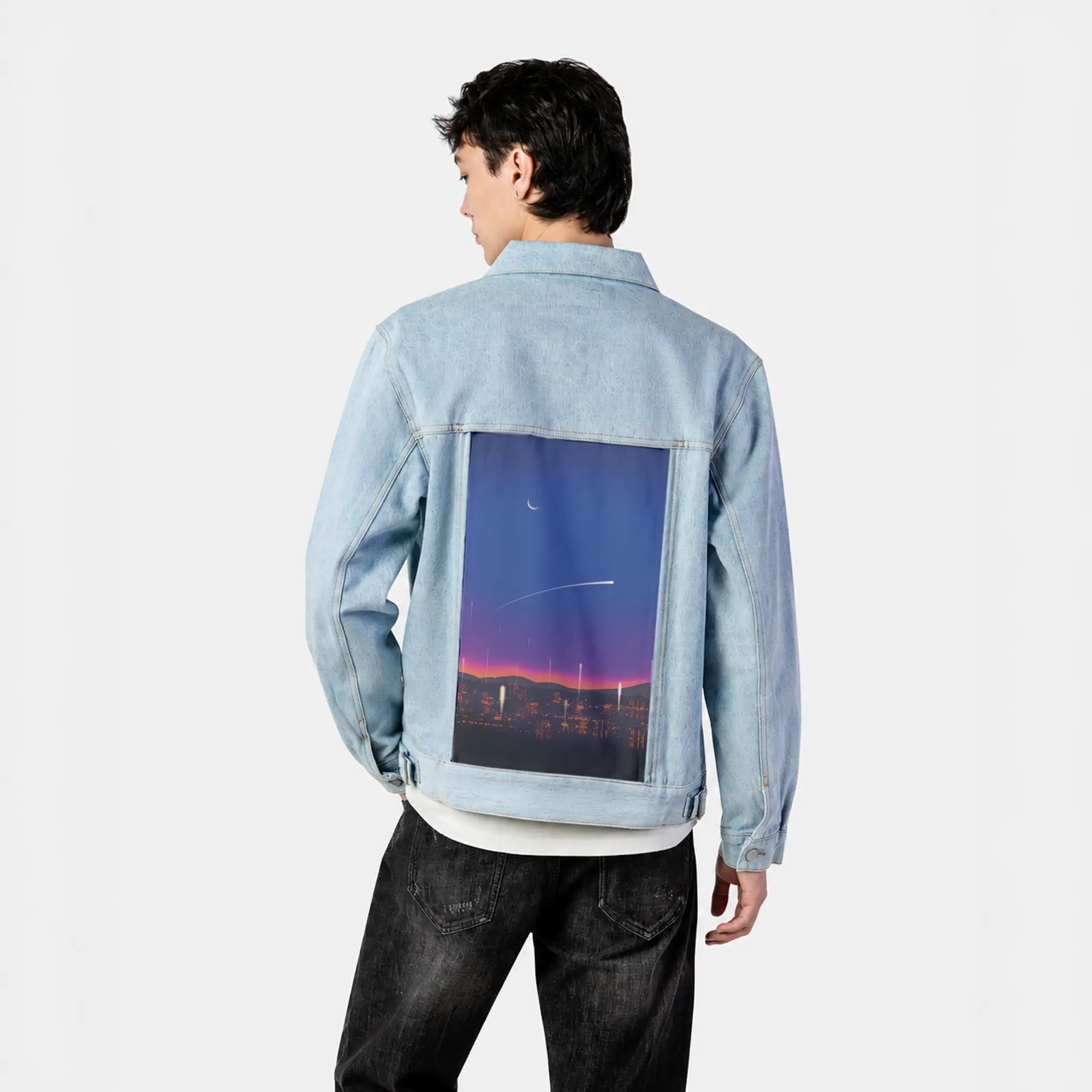 sunsetsky patch on male og denim jacket in oceanside