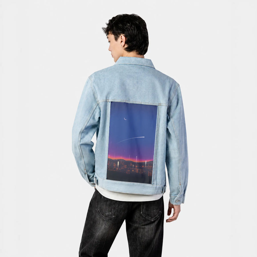 sunsetsky patch on male og denim jacket in oceanside