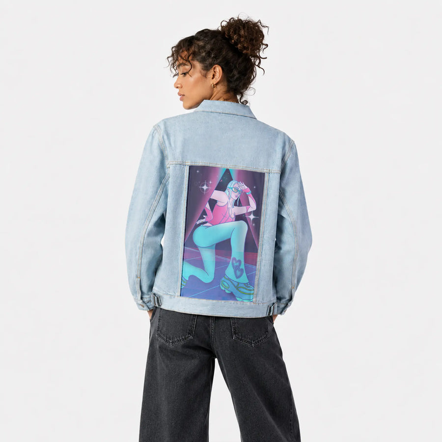 supernova patch on female og denim jacket in oceanside