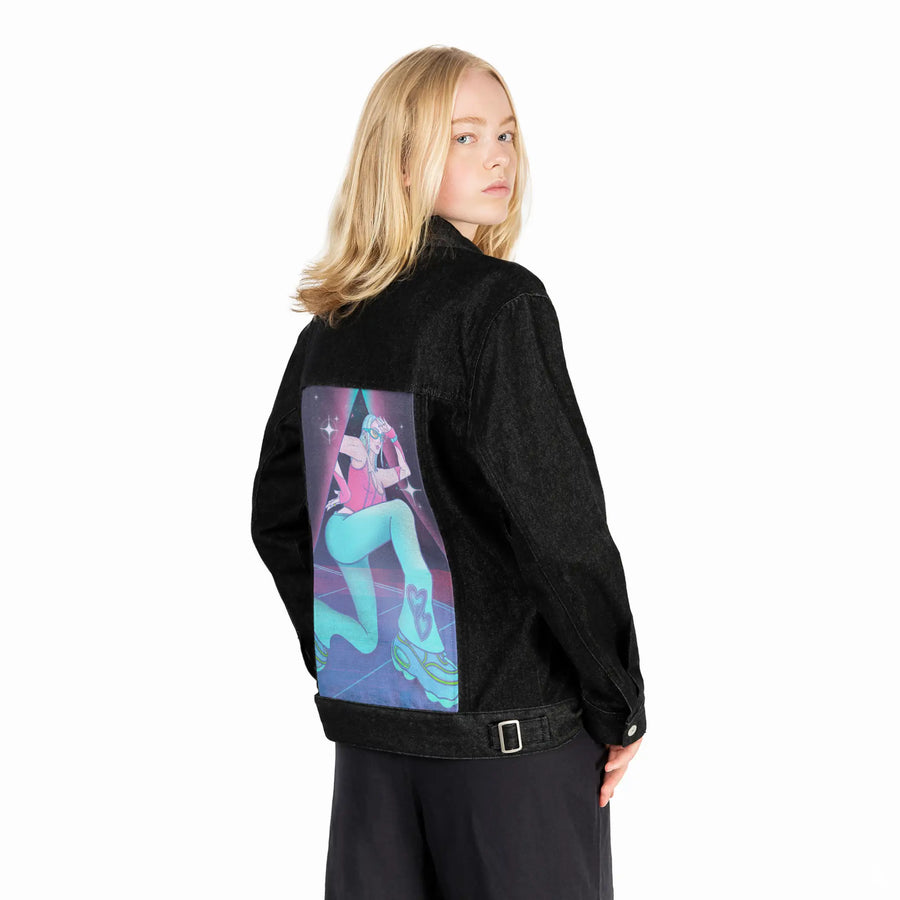 supernova patch on female og denim jacket in raven