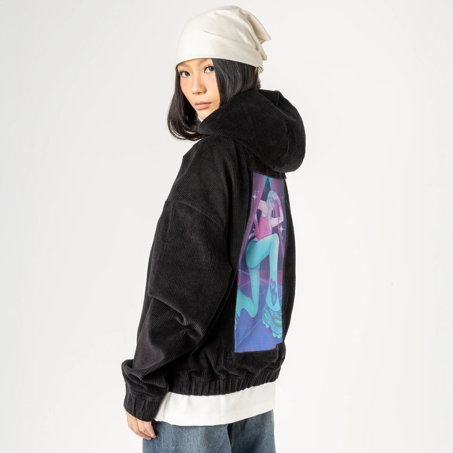 supernova patch on female retro cord hoodie in onyx